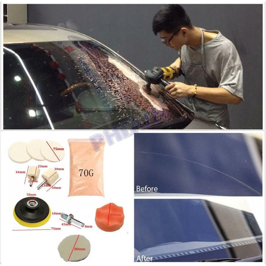 Car Window Glass Scratch Remover Kit – 70g Cerium Oxide Powder & Polishing Pads (10-Piece Set)