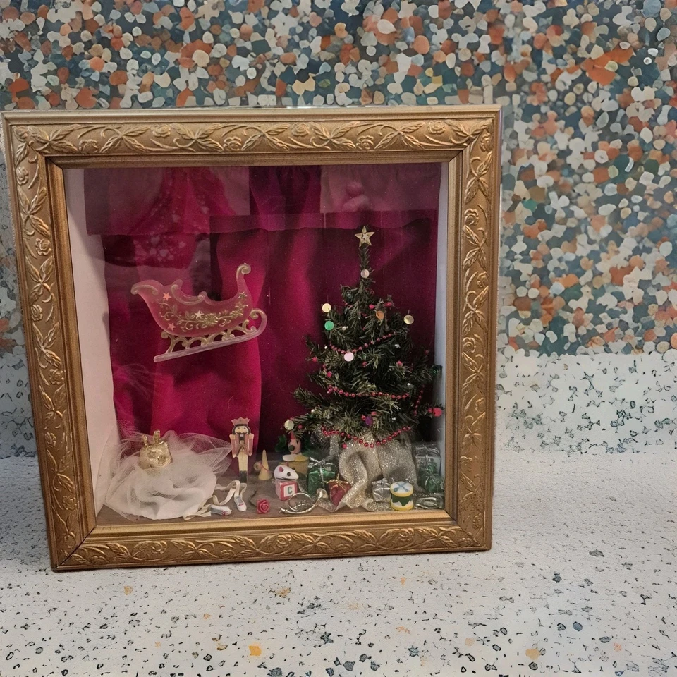 VTG Christmas Shadow Box   Handmade Diorama 11x11x4, Ballet, Tree, Sleigh, Gifts - Image 2 of 4