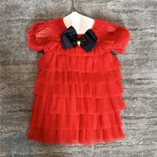 Red Tulle Tutu Dress with Black Bow and Ruffles, Girls Short Sleeve Party
