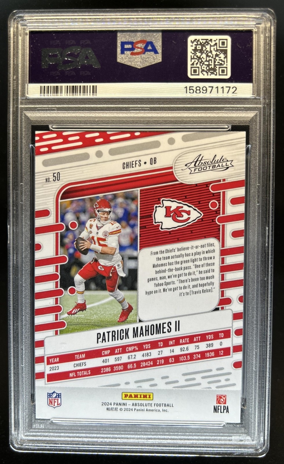 2024 Panini Absolute Patrick Mahomes II RWB Kaleidoscope #50 Chiefs PSA 10 view 2