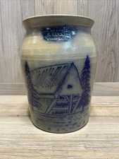 Beaumont Bros. Pottery S. Rucker Salt Glaze Stoneware Crock Covered Bridge 1992