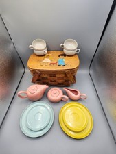 vtg Russel Wright Ideal Toy Children  s Dishes hand painted picnic basket 16 pcs