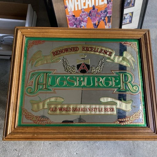 Vintage Augsburger Beer Bar Mirror Sign Renowned Excellence 19"x15" Wood Frame