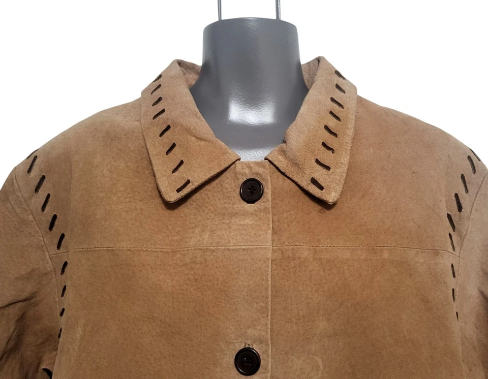 Vtg Quacker Factory Suede Western Jacket Women Sz Large Horse Southwest Tan Coat - Image 3 of 4