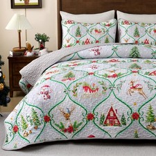 3 Piece Christmas Queen Quilt, Snowman Xmas Tree Reversible Queen Quilt Beddi...