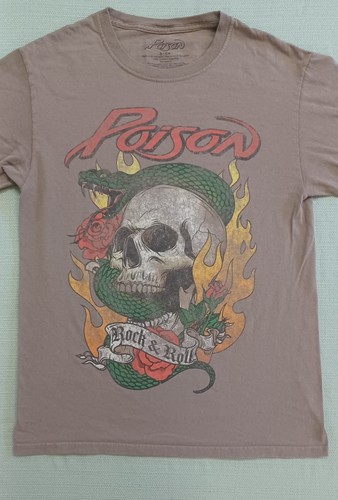 Poison Rock Band T-Shirt Gray Unisex Size Small Skull Rock & Roll Snake Flames - Picture 2 of 24
