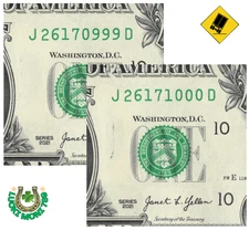 Rollover Notes 0999 1000 Fancy Serial Number 1 Dollar Bill Lot of 2 J2617D