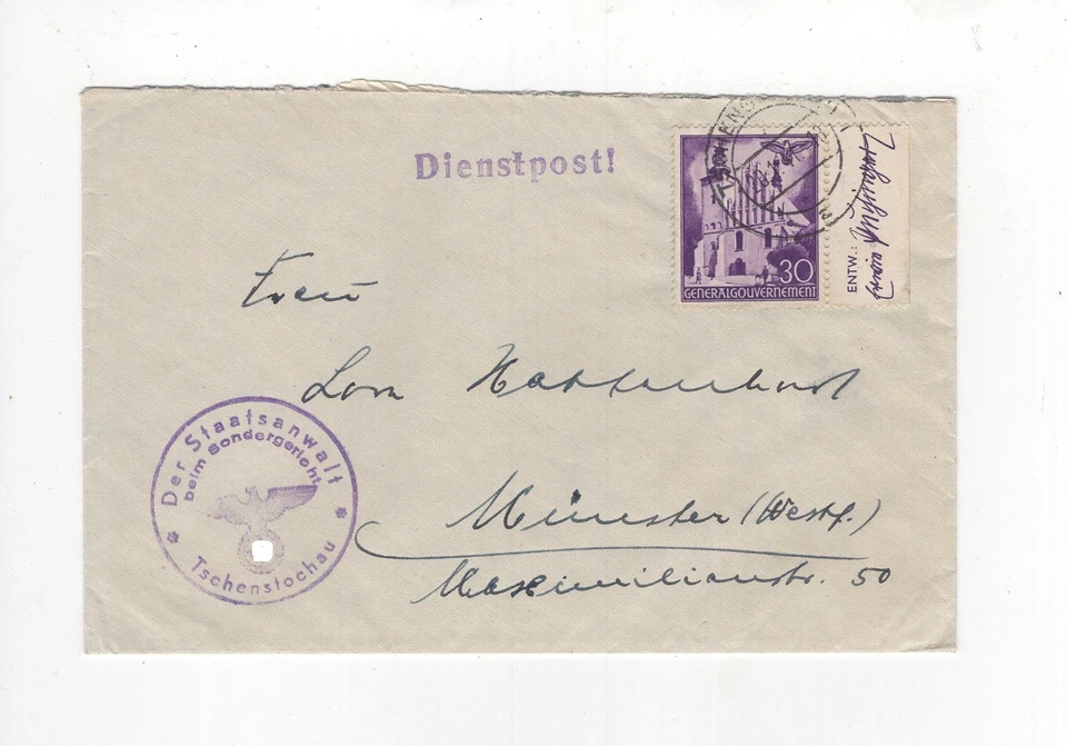 1941 Generalgouvernement Dienstpost Brief mit EF Randstück Entwurf Mi. 46 - Bild 1 von 1