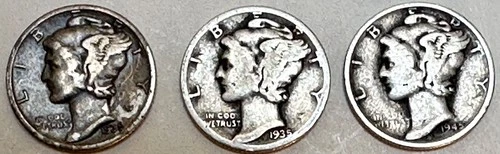 Three MERCURY DIMES 10C, 1935S, 1935D, 1945S, circulated ungraded, Free Shipping