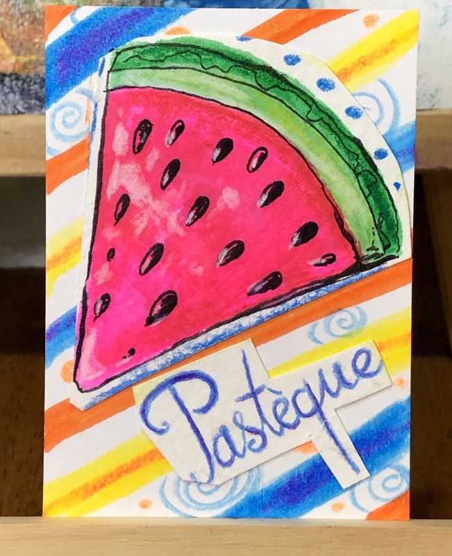 ACEO Original Watermelon Fruit Pink Food Dessert￼￼￼ Cartoon Mini Art Drawing