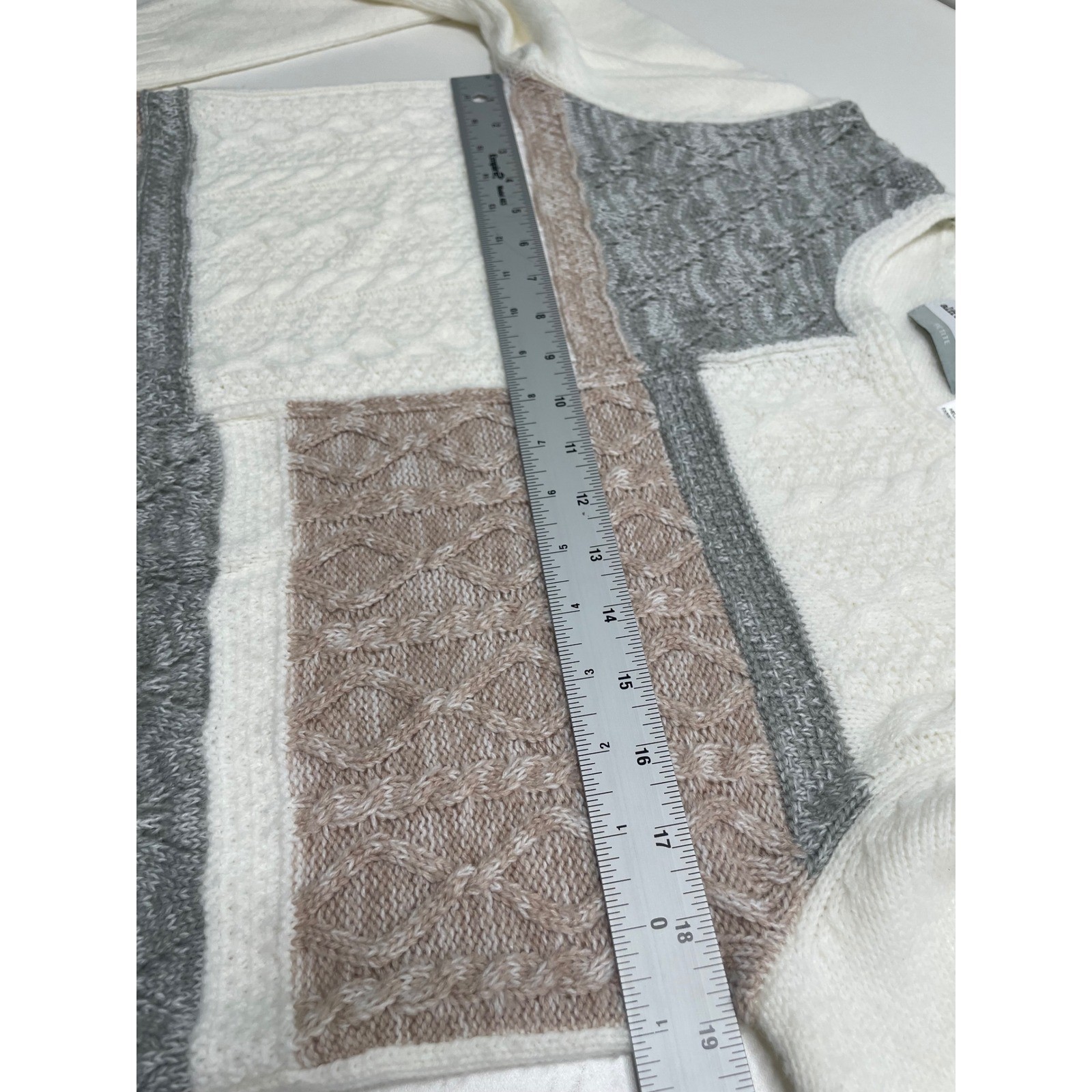 Patchwork Cable Knit Sweater White Gray Fisherman… - image 9