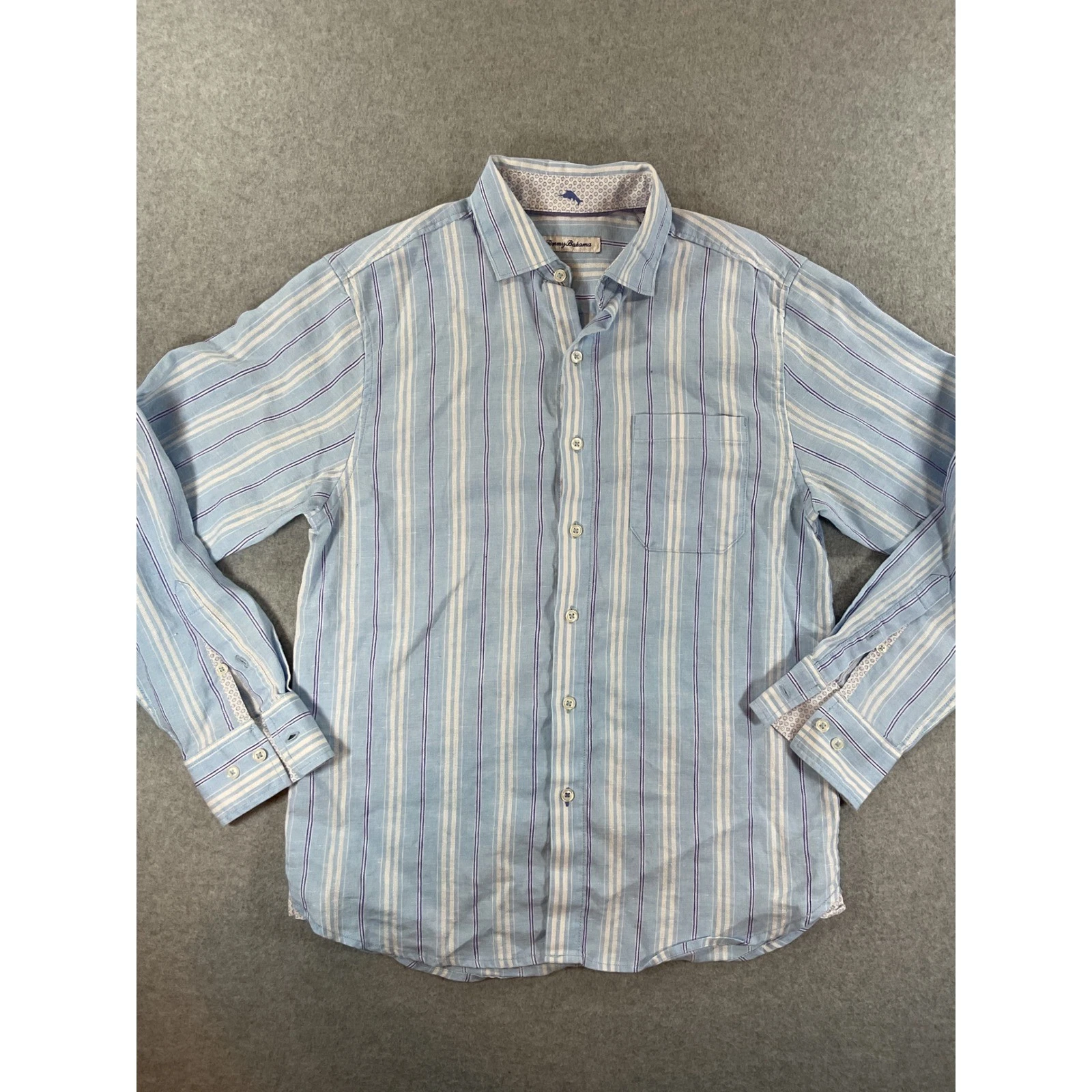 Tommy Bahama Men Small Blue Striped Linen Blend Long Sleeve Button Down #732
