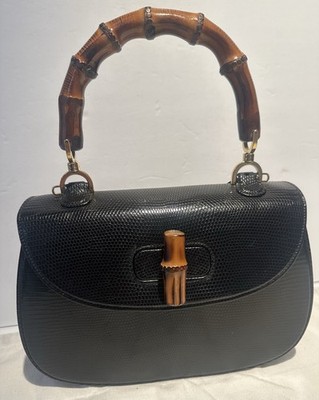 GUCCI Black LIZARD SKIN Leather BAMBOO 1947 Handle Shoulder Bag