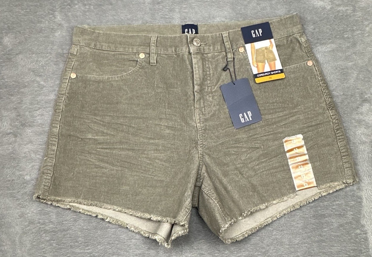 NWT GAP Shorts Womens 12 Grayish Olive Green Stretch Corduroy 34x4 Frayed Hem