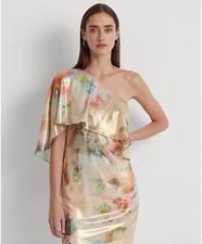Floral One-Shoulder Cape Cocktail Dress Polo Ralph Lauren MRSP $195