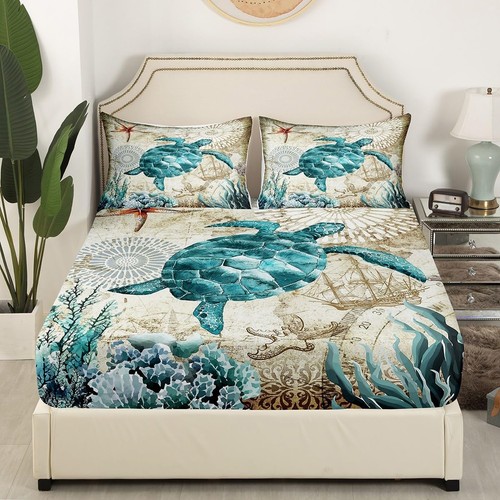 Sea Turtle Bedding Set, Ocean Beach Themed 4-Piece Sheet Set - Retro Tortoise... - Picture 2 of 6
