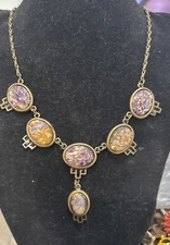 SWEET ROMANCE Art Deco revival Cabochon glass Brass NECKLACE 17”