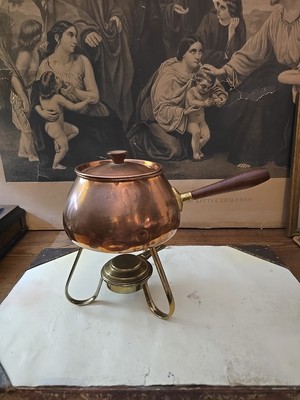Vintage Fondue Set um 1970, langer Griff Kupfer & Messing von ''Tagus'' aus Portugal
