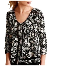 Anthropologie Maeve Celyn Floral Lace Trim Peasant Top Women Size 10 Black White