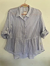 New LOVE NOTES sz L blue & white stripe boho peplum button down blouse top