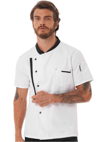 Men's Chef Coat Short Sleeve Button Down Jackets Restaurant Kitchen Uniform Tops - Picture 9 of 27