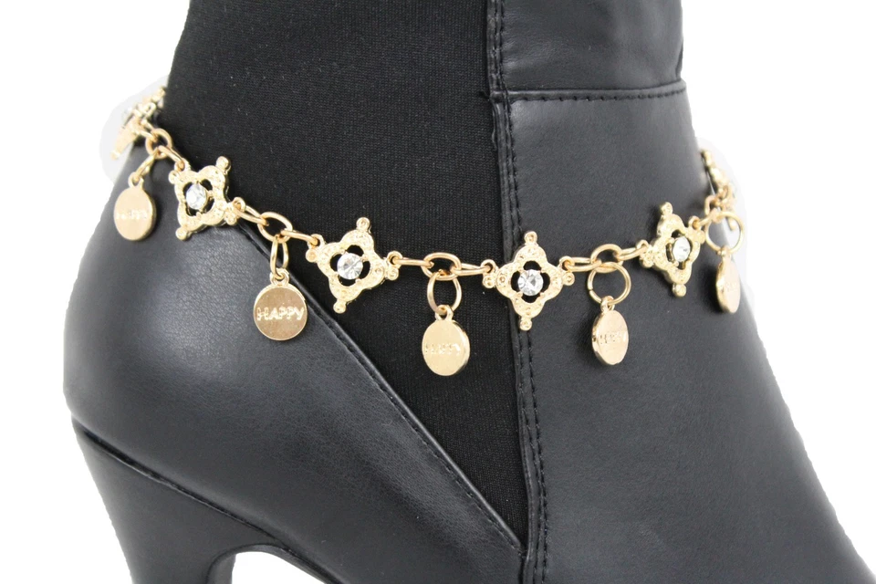 Western Women Gold Metal Chain Boot Bracelet High Heel Shoe Happy Charm Bling Foto 4 de 4