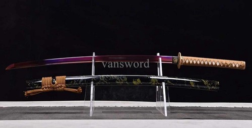 Carbon Steel Handmade Japanese Samurai Purple Blade Brass Katana Sword Full Tang - Picture 3 of 10
