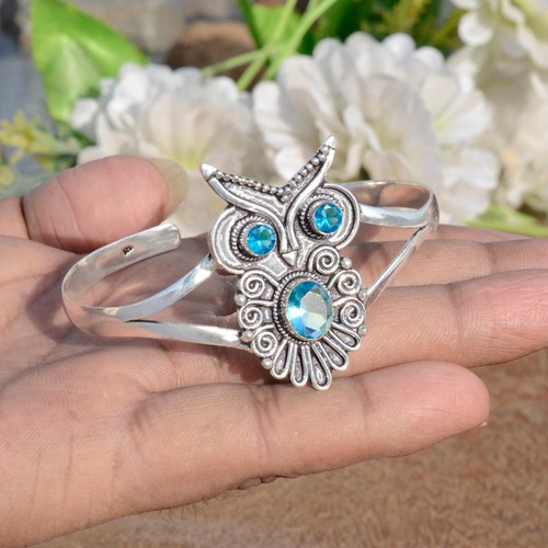 London Blue Topaz Gemstone 925 Sterling Silver Cuff Owl Bangle New Collection - Picture 8 of 9