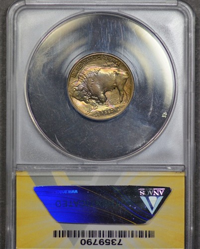 PQ Insane Green Rainbow 1913 Ty 1 5c Buffalo Nickel ANACS MS-64 - Picture 2 of 6
