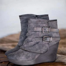 Women Zip Platform Buckle Mid Calf Boots Wedge High Heel Round Toe Casual Shoes