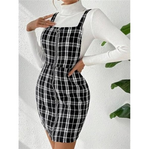 Damen schwarz weiß karierter Overall Kleid Strapsrock Reißverschluss, Gr. L - Bild 8 von 8