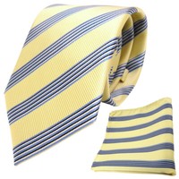 Tigertie Designer Krawatte + Einstecktuch Gelb Blau Schwarz Silber Gestreift
