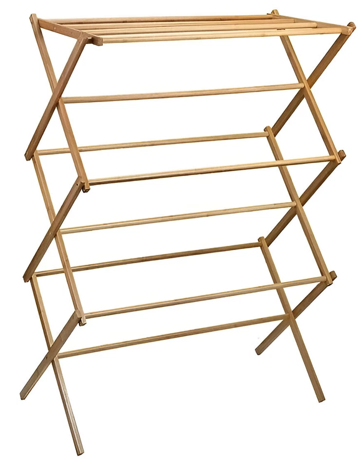 Wooden Cloth Airer Drying Clothes Horse 3 Tier Bamboo Wood Vintage Folding - Image 4 of 4