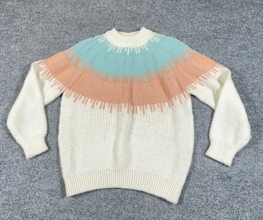 VTG 80s Pastel Atomic Pattern Mock Neck Sweater Women's Large Pink Blue Knit