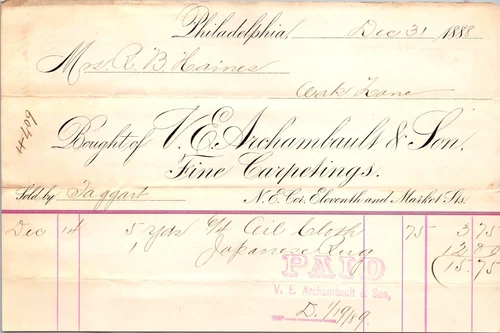 Archambault & Son Philadelphia PA 1888 Billhead Fine Carpetings
