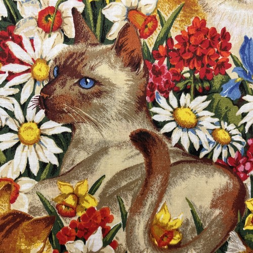 Cat Fabric Daisy Kingdom Paws In Flower 1998 USA Whimsy Floral 44 Inch 1.3 Yards - Picture 11 of 17