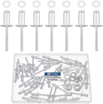 60Pcs 1/4" X 1/2" Silver Aluminum Pop Rivets with Stainless Steel Washers 6.4 X - Image 1 of 4