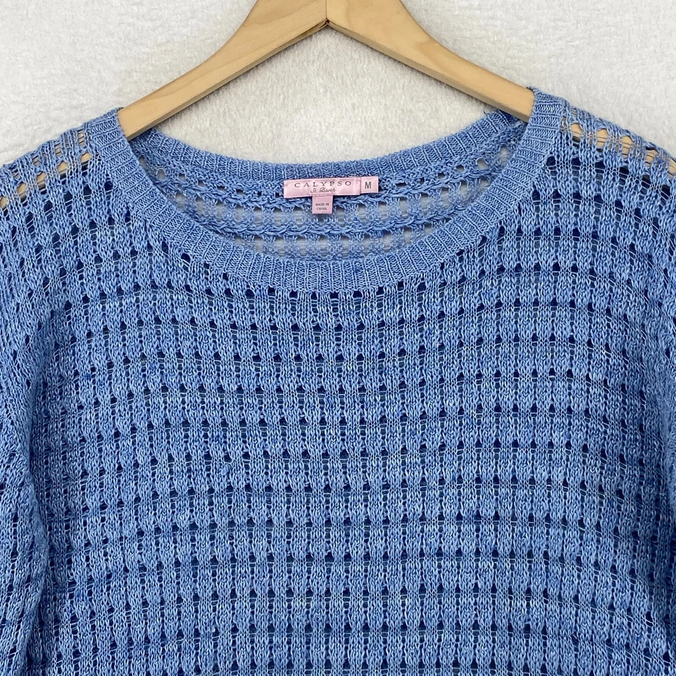 CALYPSO ST BARTH свитер M льняной открытый трикотажа ребристый верхний пуловер джемпер синий - Изображение 3 из 4