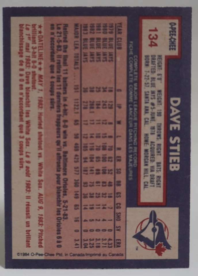 1984 OPC BASEBALL #134 DAVE STIEB  SHARP!- RAW CARD - Image 2 of 2