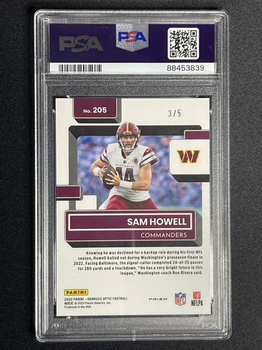 3/5 PSA 9 SAM HOWELL GREEN ROOKIE 2022 Panini Donruss Optic Football RC SSP #205 - Picture 2 of 2