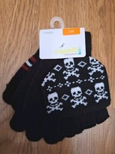 Capelli Knitted 2 Pairs Black Skull Open Fingers Knit Gloves Boys Small 6-7