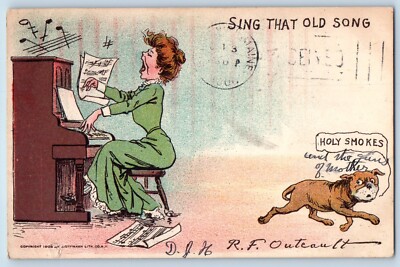 Signed Postcard Woman Playing Organ Singing Dog Holy Smokes Fitchburg MA 1906