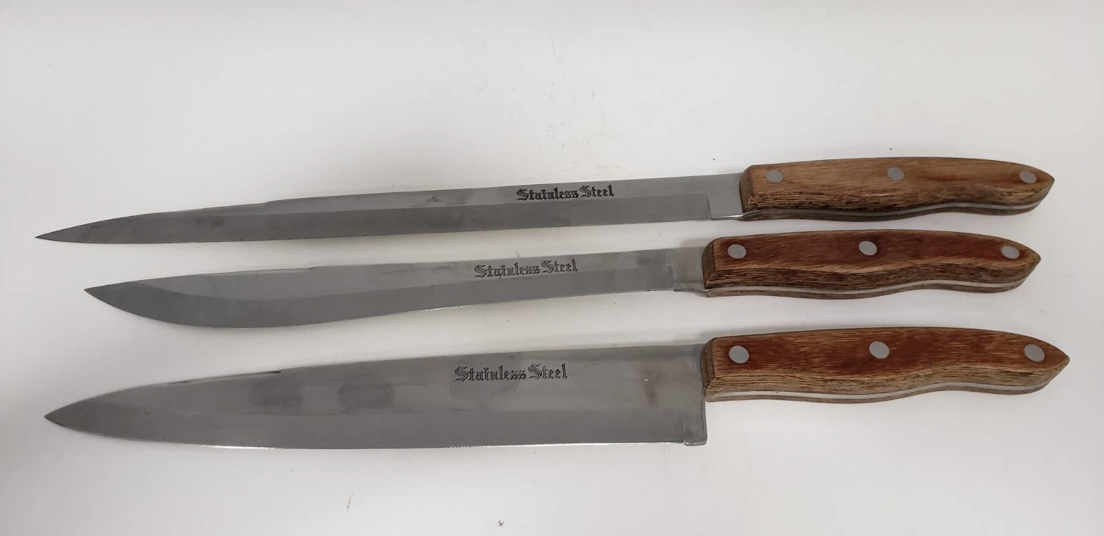 VINTAGE INTERPUR JAPAN SS BUTCHER CHEF KNIFE SET, WOODEN HANDLE (SET OF 3)