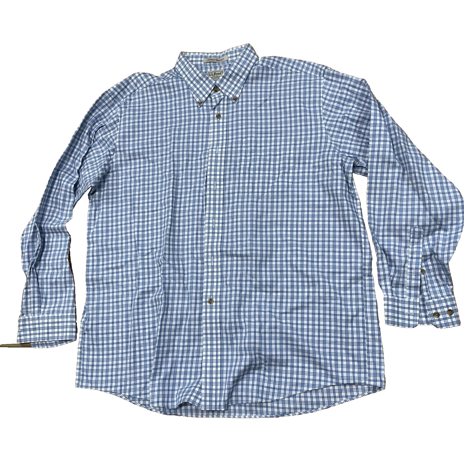 L.L. Bean Shirt Men XL Reg Blue Check Plaid Button Down Wrinkle Resist Classic