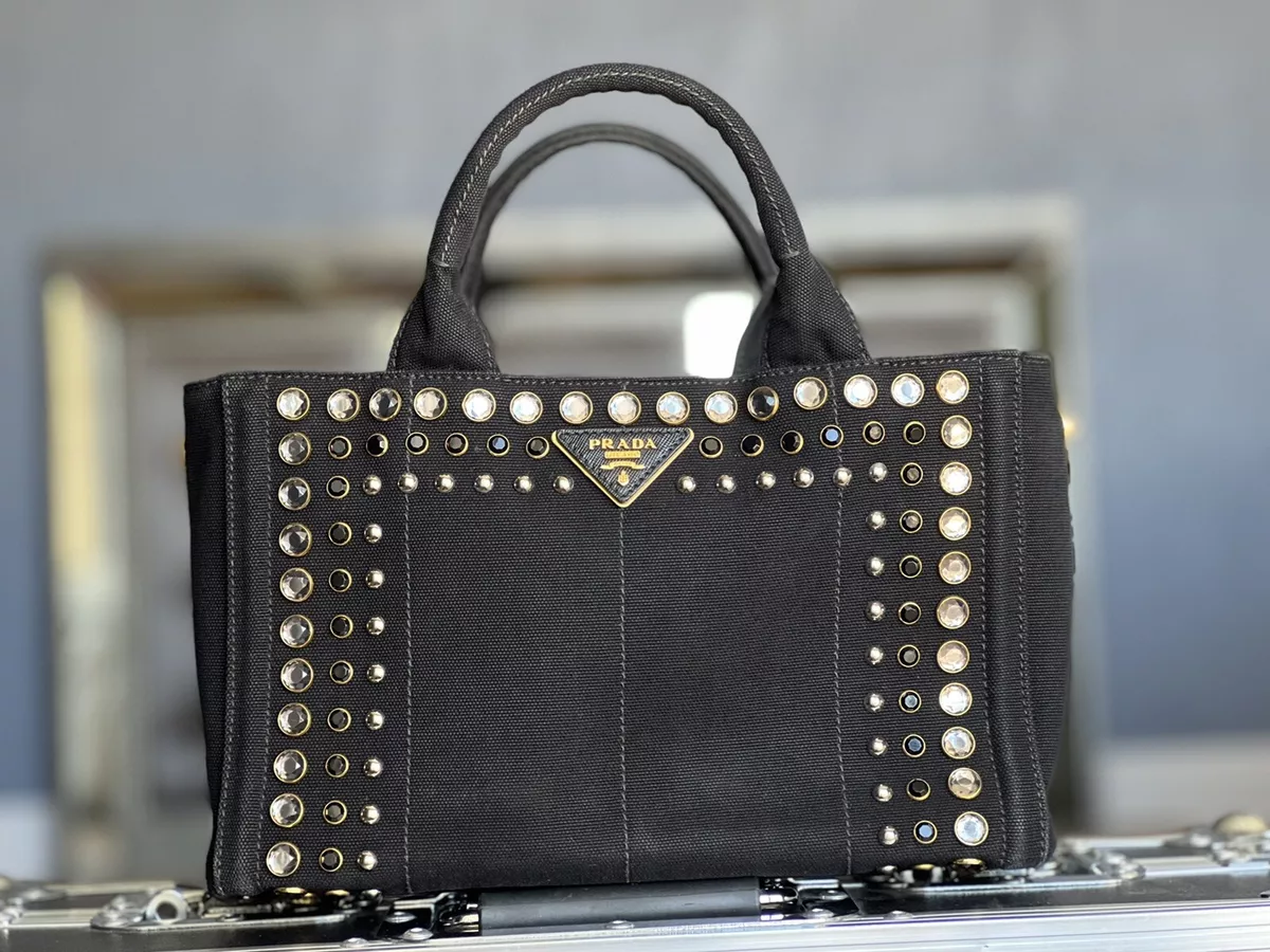 PRADA Black Canapa Studs Tote Hand Bag