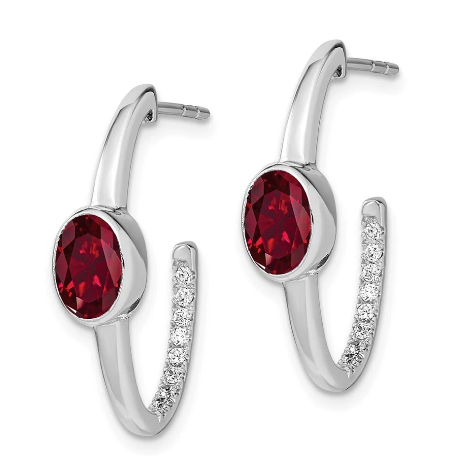 14k White Gold Oval Lab Created Ruby and Diamond J-Hoop Earrings 3.61g for Mom - Image 2 of 4