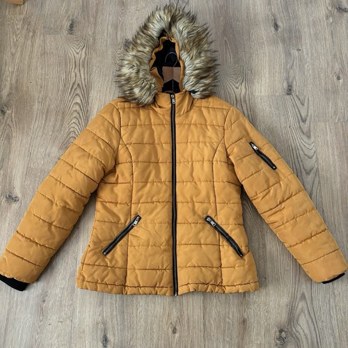 Chaqueta Papaya Matalan Talla 14 Amarillo Mostaza Imitación Piel Capucha Puffer Acolchada LEER - Imagen 3 de 12