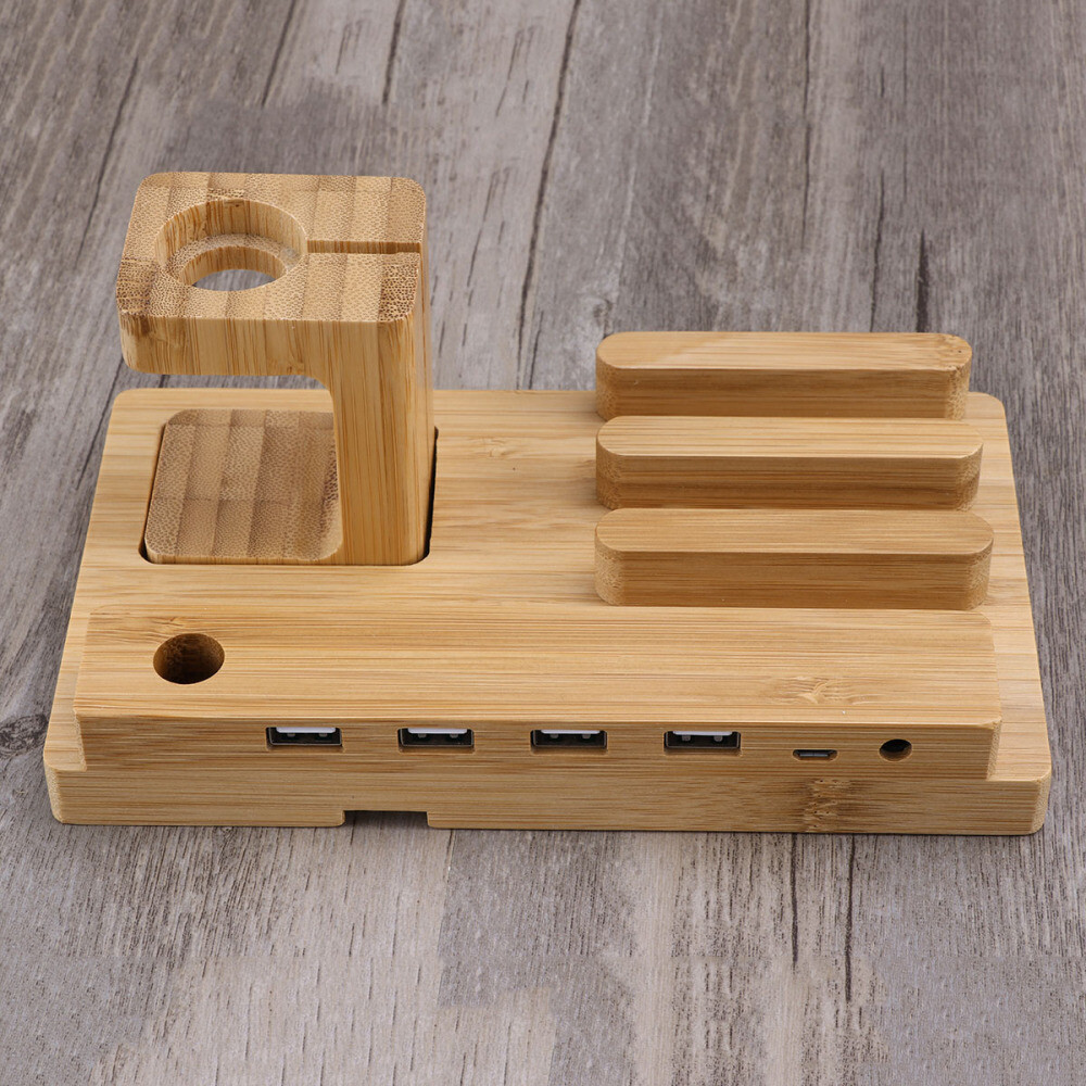 Wooden 3-in-1 Charging Stand for Phone Watch & Devices Bamboo Desk Dock-image