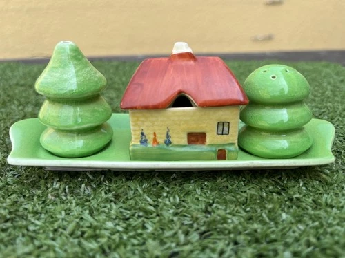 SUPERB CARLTON WARE CRUET SET, COTTAGE MUSTARD POT, SALT & PEPPER POTS c1930s