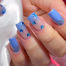 24 Square Medium Blue Butterfly Glitter Press On Nails, Glitter, Elegant